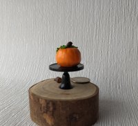 1:12 Dollhouse miniature Jack o lantern cake and Halloween roll on black cake stand