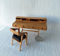 RESERVED 1:12 Dollhouse miniature mid-century inspired executive desk in solid cherry with four functional drawers two removable trays