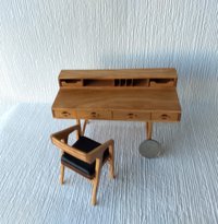 1:12 Dollhouse miniature mid-century modern chair in solid cherry wood with leather seat pad / desk chair / dining chair / MCM chair