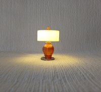 1:12 Dollhouse table lamp white drum shade and clear orange textured vase Minaiture LED lamp with external wires