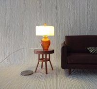 1:12 Dollhouse table lamp white drum shade and clear orange textured vase Minaiture LED lamp with external wires
