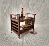 RESERVED 1:12 Dollhouse Mid-century styled TV cart in solid walnut MCM bar cart or tea trolley