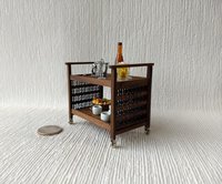 RESERVED 1:12 Dollhouse Mid-century styled TV cart in solid walnut MCM bar cart or tea trolley