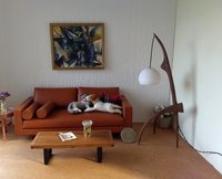 RESERVED 1:12 dollhouse miniature mid-century style floor lamp with sculptural tripod legs in solid walnut Battery operated miniature LED lamp