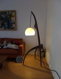 RESERVED 1:12 dollhouse miniature mid-century style floor lamp with sculptural tripod legs in solid walnut Battery operated miniature LED lamp