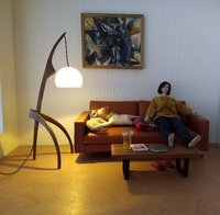 1:12 dollhouse miniature mid-century style floor lamp with sculptural tripod legs in solid walnut Battery operated miniature LED lamp