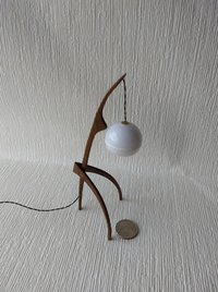 1:12 dollhouse miniature mid-century style floor lamp with sculptural tripod legs in solid walnut Battery operated miniature LED lamp