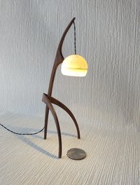 1:12 dollhouse miniature mid-century style floor lamp with sculptural tripod legs in solid walnut Battery operated miniature LED lamp