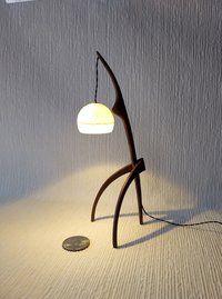 1:12 dollhouse miniature mid-century style floor lamp with sculptural tripod legs in solid walnut Battery operated miniature LED lamp