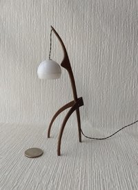 1:12 dollhouse miniature mid-century style floor lamp with sculptural tripod legs in solid walnut Battery operated miniature LED lamp