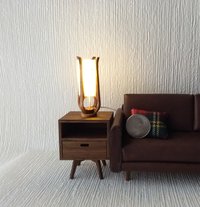 RESERVED 1:12 dollhouse miniature mid-century styled table lamp with sculptural frame made from solid cherry wood Battery operated LED light