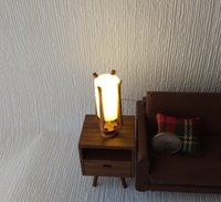 RESERVED 1:12 dollhouse miniature mid-century styled table lamp with sculptural frame made from solid cherry wood Battery operated LED light