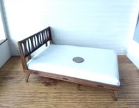 1:12 dollhouse mid-century modern platform bed with fitted mattress Walnut headboard and frame with MDF slat platform