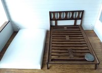 1:12 dollhouse mid-century modern platform bed with fitted mattress Walnut headboard and frame with MDF slat platform