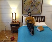 1:12 dollhouse mid-century modern platform bed with fitted mattress Walnut headboard and frame with MDF slat platform