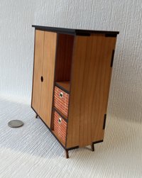 1:12 Dollhouse mid-century style wardrobe in cherry plywood MCM armoire comes with two removable fabric covered storage bins and 2 walnut hangers