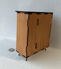 1:12 Dollhouse mid-century style wardrobe in cherry plywood MCM armoire comes with two removable fabric covered storage bins and 2 walnut hangers