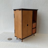 1:12 Dollhouse mid-century style wardrobe in cherry plywood MCM armoire comes with two removable fabric covered storage bins and 2 walnut hangers