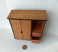 1:12 Dollhouse mid-century style wardrobe in cherry plywood MCM armoire comes with two removable fabric covered storage bins and 2 walnut hangers