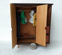 1:12 Dollhouse mid-century style wardrobe in cherry plywood MCM armoire comes with two removable fabric covered storage bins and 2 walnut hangers