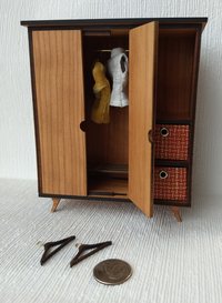 1:12 Dollhouse mid-century style wardrobe in cherry plywood MCM armoire comes with two removable fabric covered storage bins and 2 walnut hangers