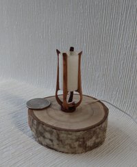 1:12 dollhouse miniature mid-century styled table lamp with sculptural frame made from solid cherry wood Battery operated LED light