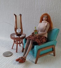 1:12 dollhouse miniature mid-century styled table lamp with sculptural frame made from solid cherry wood Battery operated LED light