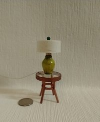 1:12 Dollhouse table lamp white drum shade and light up green vase Battery operated minaiture LED lamp with external wires