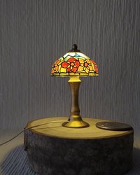 1:12 dollhouse handcrafted faux stained glass table lamp Battery operated miniature LED lamp Tiffany style lamp with external wires