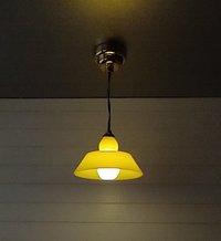 1:12 dollhouse miniature yellow pendant light with white inner shade Battery operated mid-century inspired ceiling light MCM styled light