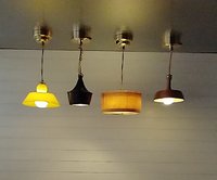 1:12 dollhouse miniature yellow pendant light with white inner shade Battery operated mid-century inspired ceiling light MCM styled light