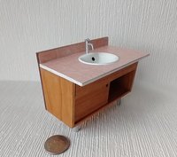 1:12 Dollhouse mid-century styled bath single sink vanity cabinet Angled cabinet with undermount sink with backsplash and sliding doors