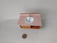 1:12 Dollhouse mid-century styled bath single sink vanity cabinet Angled cabinet with undermount sink with backsplash and sliding doors