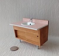 1:12 Dollhouse mid-century styled bath single sink vanity cabinet Angled cabinet with undermount sink with backsplash and sliding doors