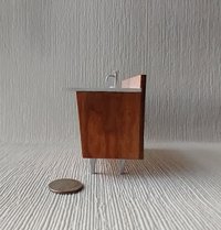 1:12 Dollhouse mid-century styled bath single sink vanity cabinet Angled cabinet with undermount sink with backsplash and sliding doors