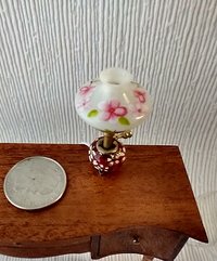 1:12 scale miniature hurricane lamp white shade red glass base with cherry blossoms (sakura in Japanese) Battery operated vintage style table lamp on external wires