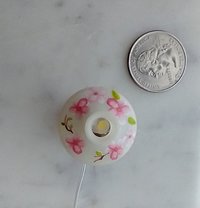 1:12 scale miniature hurricane lamp white shade red glass base with cherry blossoms (sakura in Japanese) Battery operated vintage style table lamp on external wires