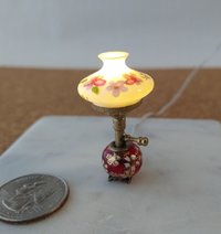 1:12 scale miniature hurricane lamp white shade red glass base with cherry blossoms (sakura in Japanese) Battery operated vintage style table lamp on external wires