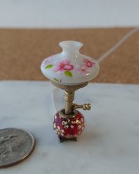1:12 scale miniature hurricane lamp white shade red glass base with cherry blossoms (sakura in Japanese) Battery operated vintage style table lamp on external wires
