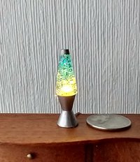 1:12 Dollhouse miniature retro lava lamp Battery operated LED table lamp MCM style with external wires - blue glitter