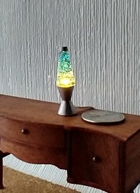 1:12 Dollhouse miniature retro lava lamp Battery operated LED table lamp MCM style with external wires - blue glitter