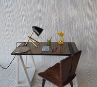 1:12 dollhouse miniature mid-century modern styled desk lamp Battery operated Black desk lamp brass tripod legs MCM dollhouse table lamp