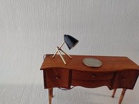 1:12 dollhouse miniature mid-century modern styled desk lamp Battery operated Black desk lamp brass tripod legs MCM dollhouse table lamp