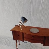 1:12 dollhouse miniature mid-century modern styled desk lamp Battery operated Black desk lamp brass tripod legs MCM dollhouse table lamp