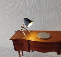 1:12 dollhouse miniature mid-century modern styled desk lamp Battery operated Black desk lamp brass tripod legs MCM dollhouse table lamp