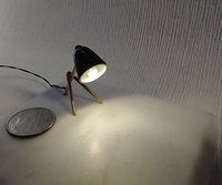 1:12 dollhouse miniature mid-century modern styled desk lamp Battery operated Black desk lamp brass tripod legs MCM dollhouse table lamp