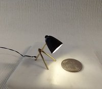 1:12 dollhouse miniature mid-century modern styled desk lamp Battery operated Black desk lamp brass tripod legs MCM dollhouse table lamp