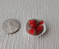 1:12 Dollhouse miniature handmade watermelon slices on polygonal white ceramic plate