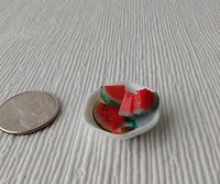 1:12 Dollhouse miniature handmade watermelon slices on polygonal white ceramic plate