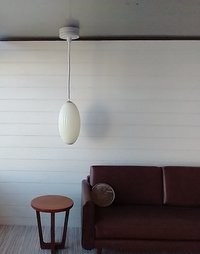 1:12 dollhouse miniature white elongated pendant light with ridges Battery operated mid-century inspired ceiling light MCM styled light